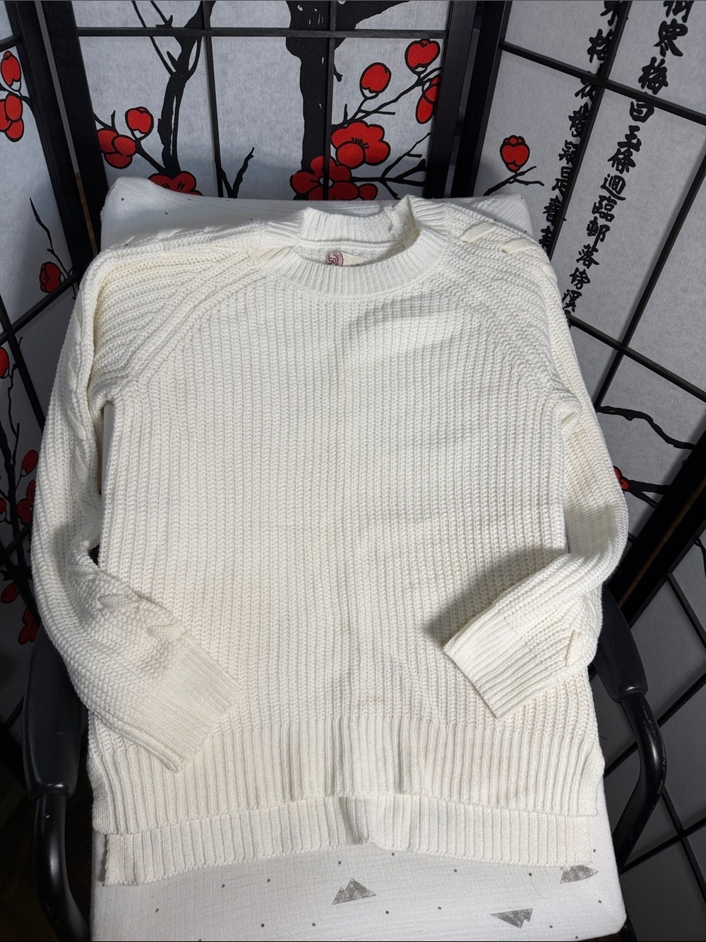 SO Men's Cream Crewneck Ribbed Knit Sweater